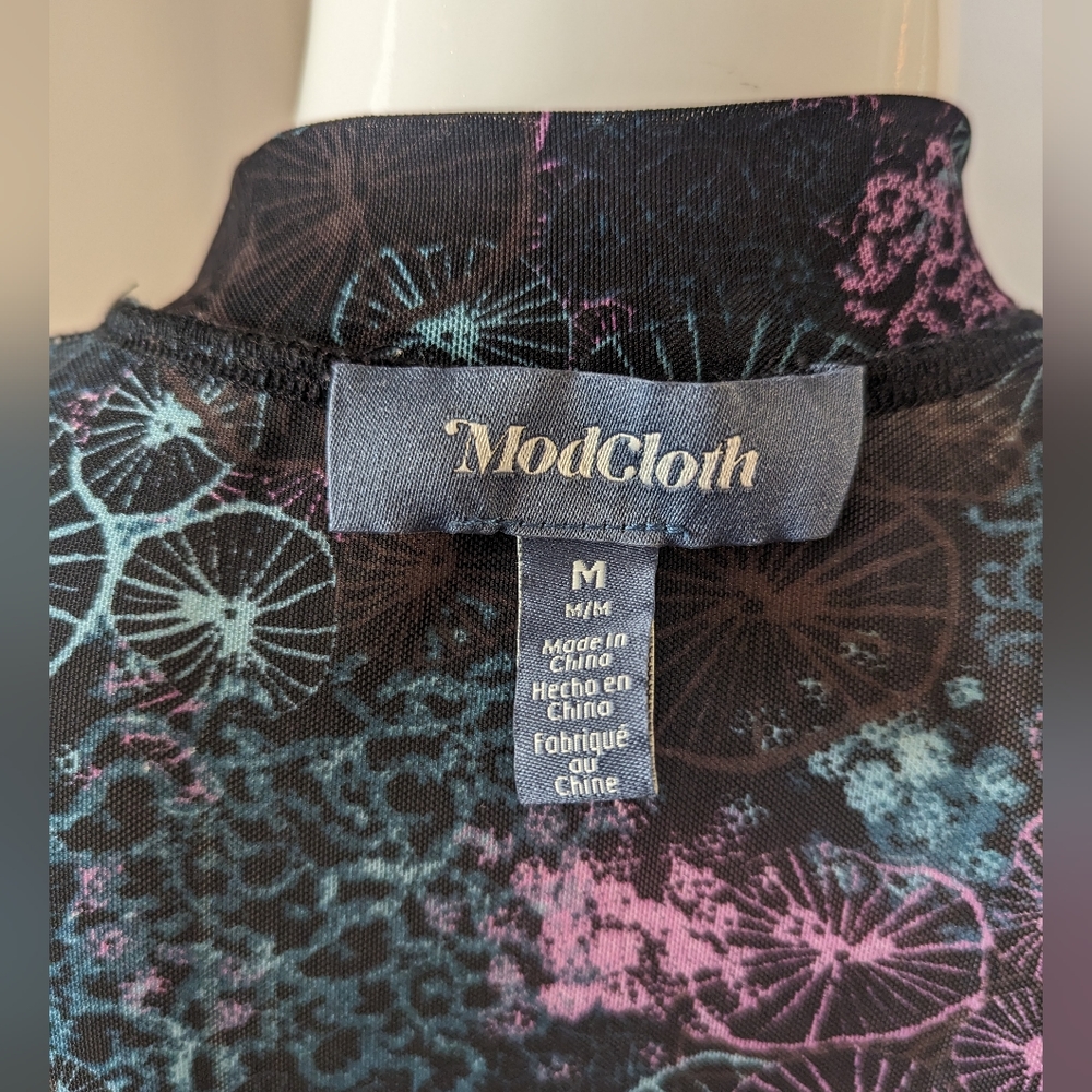 Mod Cloth Coral Black Reef Print Sheer Turtleneck Top - Picture 5 of 7